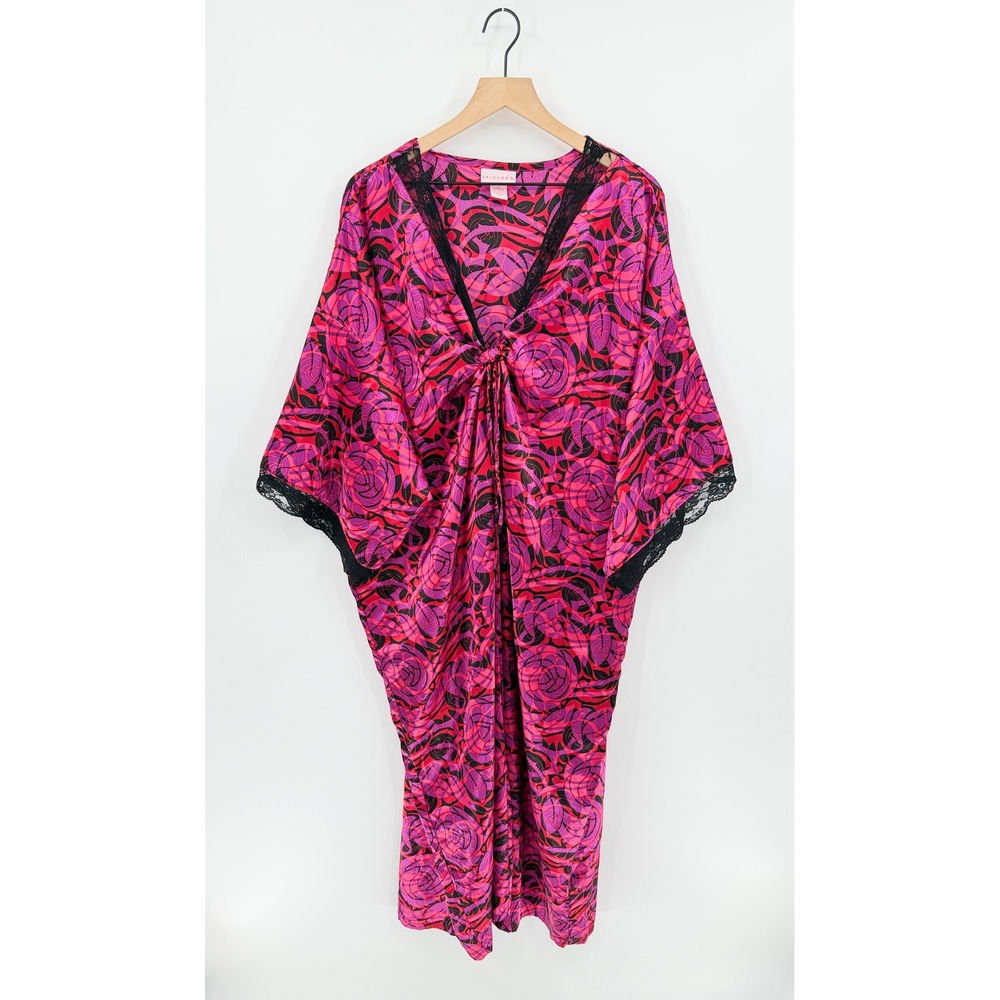 Serenada Pink Silky Caftan Robe Abstract Rose Lace Trim Womens 4X Romantic